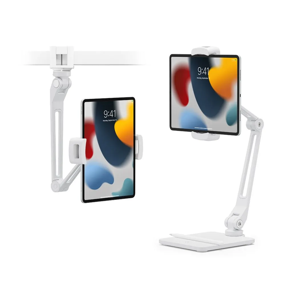 Twelve South HoverBar Duo Snap med justerbar arm, kompatibel med alla iPad- och iPhone-modeller, i vit färg.