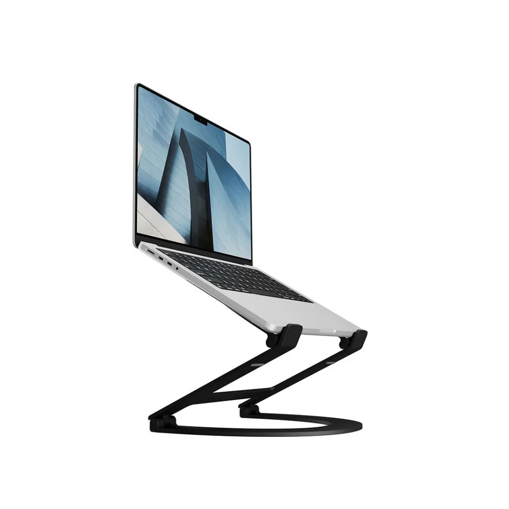 Twelve South Curve Flex i Matte Black, ett elegant, hopfällbart MacBook-stativ med justerbar höjd och tangentbordsvinkel.