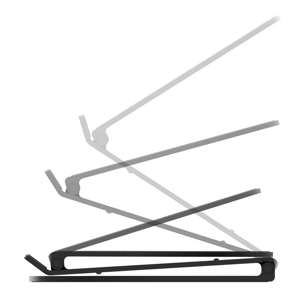 Svart Twelve South Curve Flex MacBook-stativ med justerbar höjd och vinkel, hopfällbart för enkel transport.