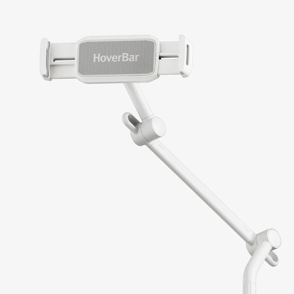 Twelve South HoverBar Tower i vitt, ett justerbart och flexibelt iPad-stativ för alla modeller, perfekt för träningspass, lektioner och fritidsanvändning.