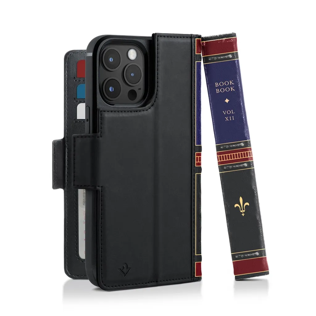 Svart Twelve South BookBook med MagSafe för iPhone 14 Plus med plånboksfunktion och visningsstativ.