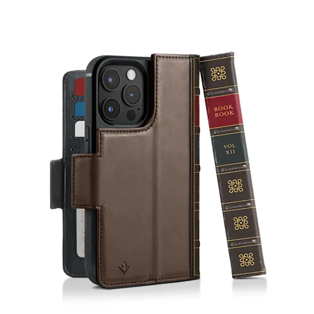 Twelve South BookBook i brunt läder, multifunktionellt iPhone 14 Pro-fodral med MagSafe-kompatibilitet, fack för plånbok och ett visningsstativ.