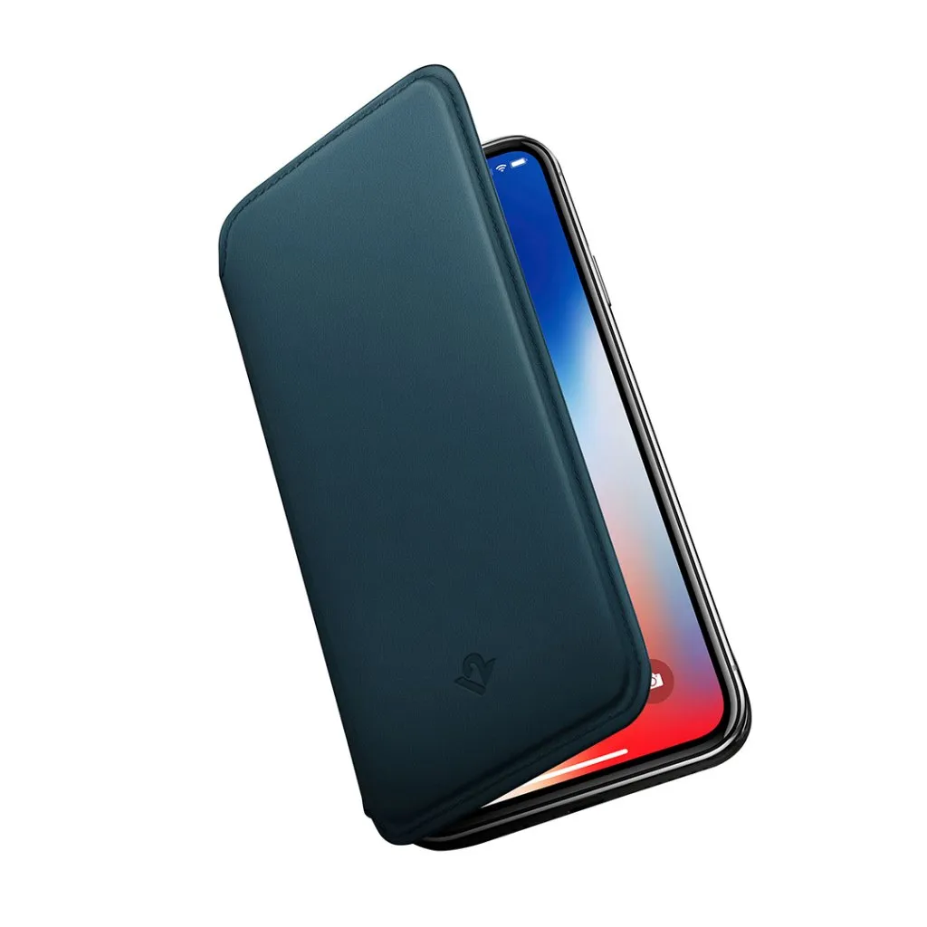 Twelve South SurfacePad för iPhone X i Teal, ett ultratunt lyxigt läderskal med fickor för ID-kort och bankkort.