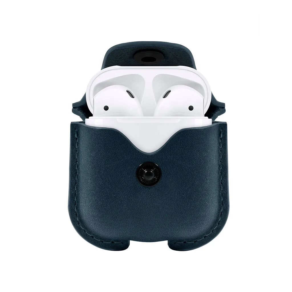 Teal Twelve South AirSnap, ett säkert läderfodral i fullnarv för Apple AirPods, med klämma och laddningsuttag.