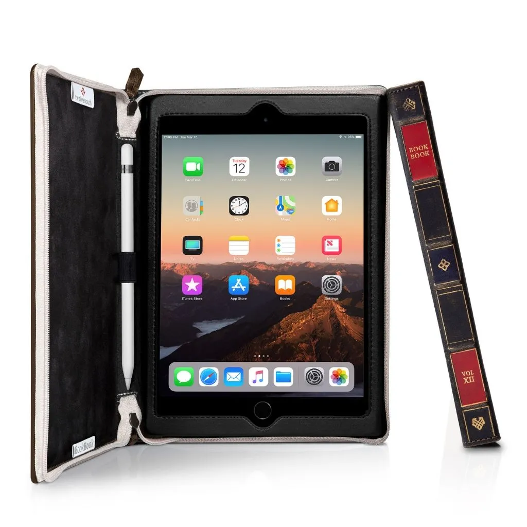 Twelve South BookBook Rutledge, handgjort inbundet läderfodral för iPad mini 5 med inbyggt stativ och ögla för Apple Pencil
