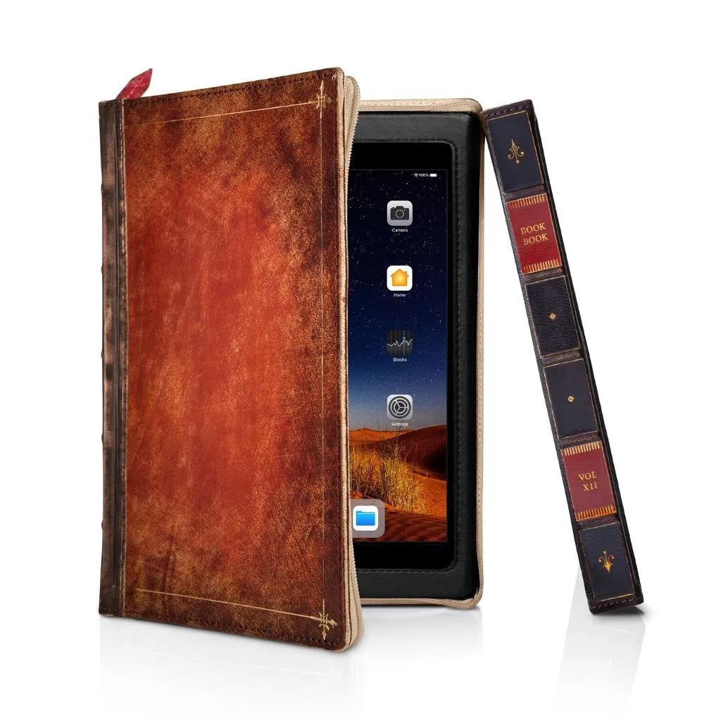Handgjord Twelve South BookBook i Rutledge-design för iPad mini 5, med läderfodral, displayställ och Apple Pencil-hållare.