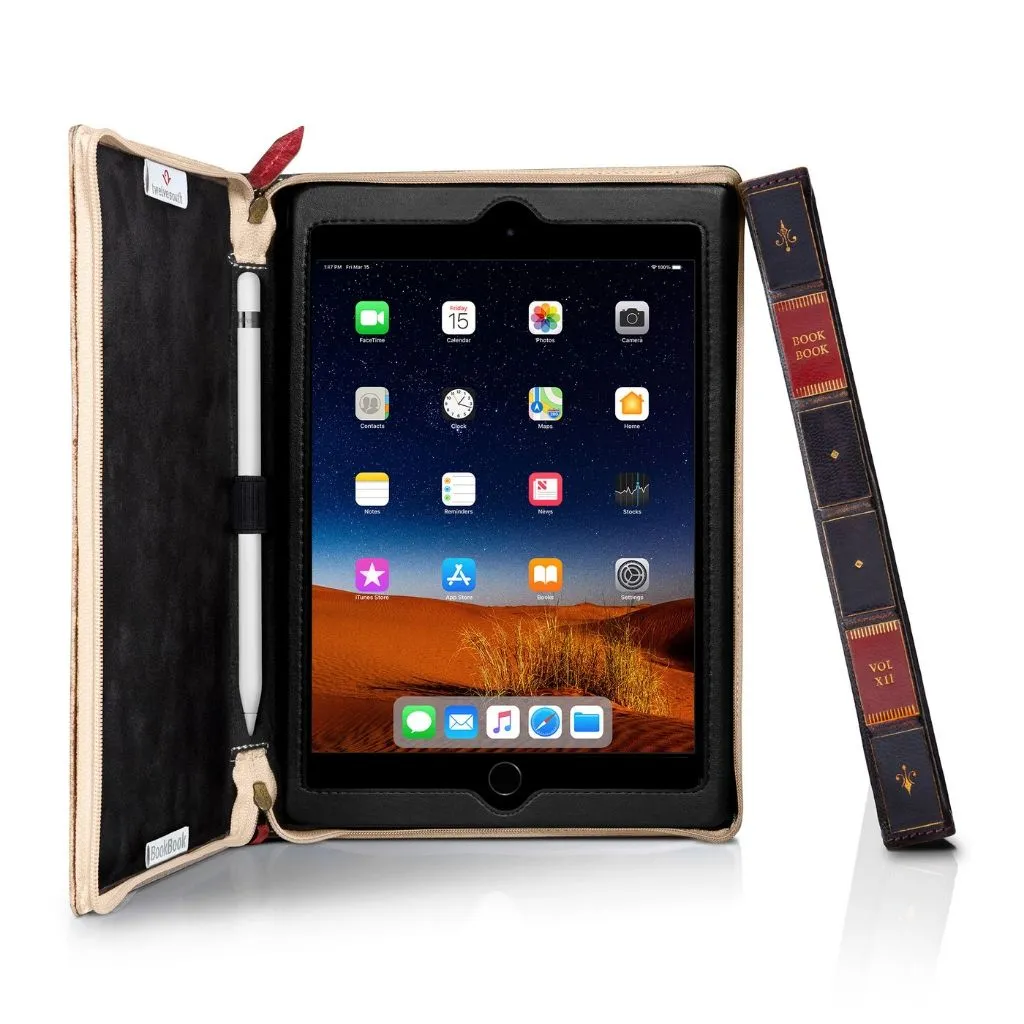 Handgjort Twelve South BookBook läderfodral för iPad mini 5 i Rutledge, med inbyggd skrivvinkel och displayställ.