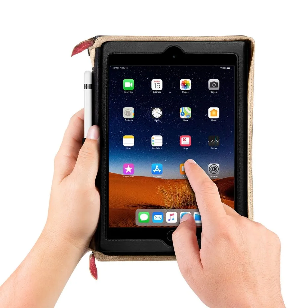 Twelve South BookBook läderfodral för iPad mini 5 i Rutledge-färg, med displayställ och pennhållare.