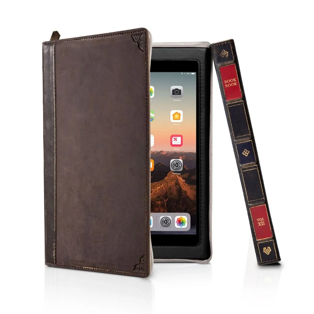 Handgjort brunt BookBook-fodral i läder för iPad Mini 5 med inbyggt stativ och Apple Pencil-hållare