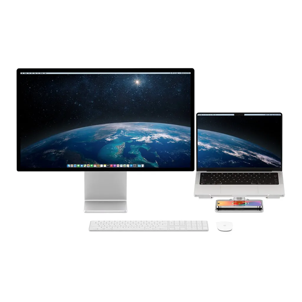 Twelve South HiRise Pro justerbart MacBook-stativ med MagSafe-laddhölje för förbättrad ergonomi och stil på arbetsplatsen.