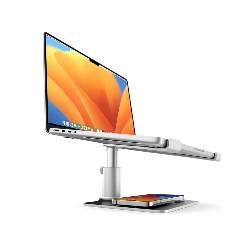 Twelve South HiRise Pro MacBook-stativ med justerbar höjd, inbyggt MagSafe-laddningshölje och elegant design.