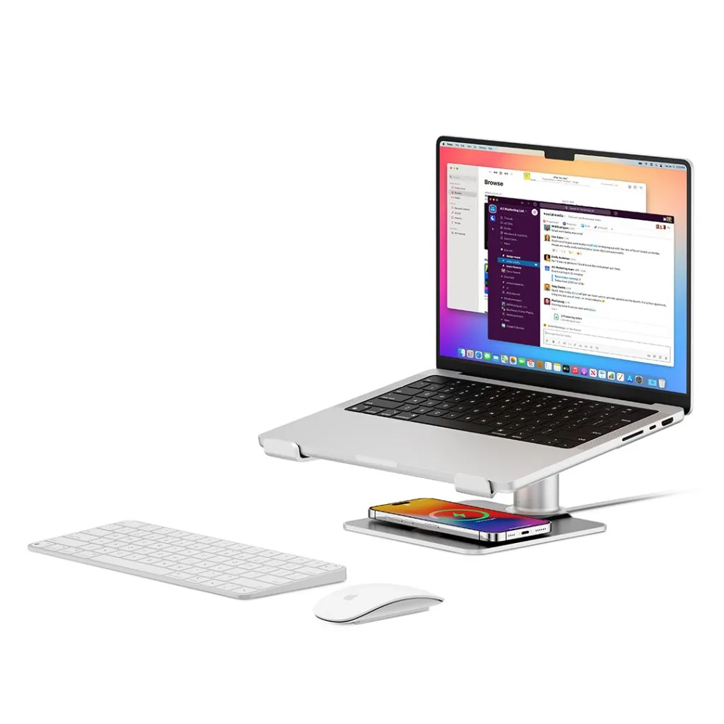 Twelve South HiRise Pro Adjustable MacBook Stand med elegant design och inbyggt MagSafe laddningshölje.