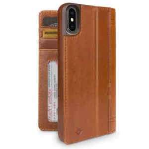 Twelve South -merkin nahkainen iPhone XR -foliokotelo korttipaikoilla ja henkilökortti-ikkunalla, kuvattuna avoinna ja suljettuna
