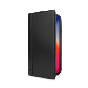 Twelve South Journal Folio-Wallet-Case aus schwarzem Leder für iPhone XR, geschlossen vor weißem Hintergrund