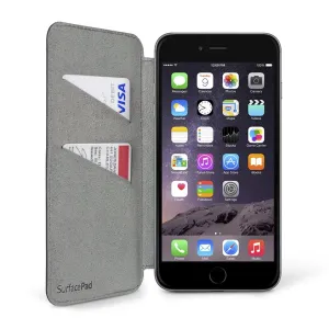 Twelve South SurfacePad leather folio for iPhone 6/6s Plus, open with card slots beside a black iPhone