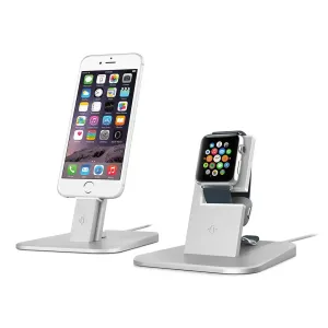 Twelve South HiRise Apple Watch-opladningsstander i sølv, vist med en hævet urholder og matchende iPhone-dock.