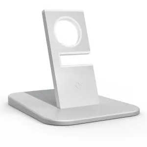 Twelve South HiRise Apple Watch-holder i sølv med vinklet dockingstation og beskyttende opladningsbase til natten