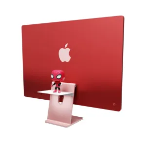 Étagère Twelve South BackPack fixée à l’arrière d’un iMac, avec une petite tablette pour écran et un système de gestion des câbles.