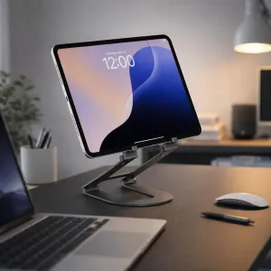 Twelve South Curve Mini-tabletstander, der holder en iPad lodret på et skrivebord på et hjemmekontor