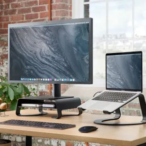 Twelve South Curve Elevation musta ergonominen näyttöteline ja siihen sopiva kannettavan tietokoneen teline työpöydällä