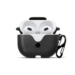 Twelve South AirSnap -nahkakotelo Apple AirPods (3. sukupolven) -kuulokkeille karabiinikiinnikkeellä, kuvattuna avoimena valkoisella taustalla.