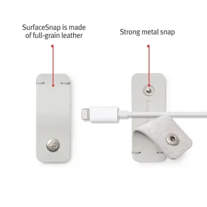 Twelve South CableSnap Stay kabelholder i læder i duegrå med metalknap og fastgjort opladningskabel