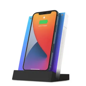Twelve South PowerPic Mod kabelloser Lade-Bilderrahmenständer in Schwarz mit aufrecht stehendem Smartphone