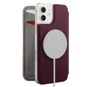 Twelve South SurfacePad -nahkalompakkokotelo iPhone 12 Minille luumunvärisenä, MagSafe-tuella ja korttipaikalla
