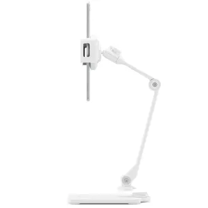 Twelve South HoverBar Duo Snap weißer verstellbarer Tablet-Ständer mit Gelenkarm und Klemme, die ein iPad im Hochformat hält