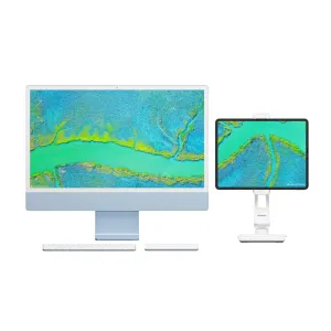 Twelve South HoverBar Duo Snap weißer, flexibler iPad-Ständer, der ein Tablet neben einem All-in-One-Desktop hält