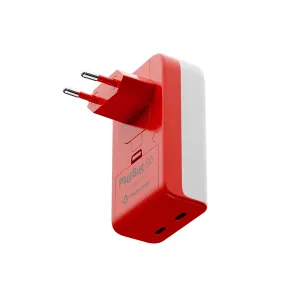 Twelve South PlugBug 50 W USB-C-laturi punaisena ja valkoisena, taitettavilla pistokepiikeillä ja Apple Find My -paikannuksella
