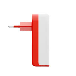 Twelve South PlugBug 50 W USB-C-seinälaturi valkoisena ja punaisena, sivulta kuvattuna, taittuvat pistokkeen piikit näkyvissä.