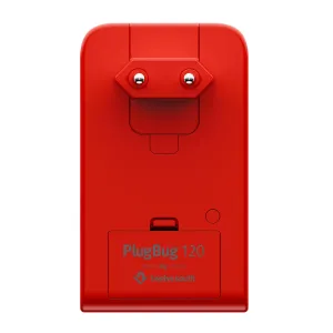 Punainen Twelve South PlugBug 120 USB-C-laturi taittuvilla pistokepiikeillä ja PlugBug 120 -merkinnällä