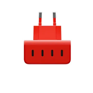 Twelve South PlugBug, punainen neliporttinen USB-C-seinälaturi taittuvilla pistokepiikeillä valkoisella taustalla