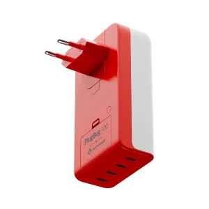 Twelve South PlugBug 120 W USB-C -laturi punaisena ja valkoisena, kahdella eurooppalaisella pistokepiikillä ja etupuolen brändäyksellä.