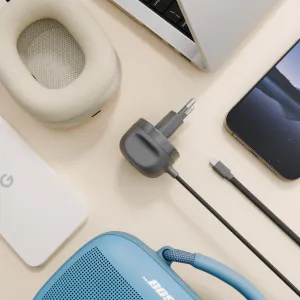 Twelve South punottu USB-C-latauskaapeli sisäänrakennetulla EU-pistokkeella ja tummanharmaalla seinäsovittimella