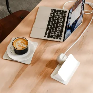 Twelve South PowerCord USB-C-laddare med EU-kontakt på ett skrivbord bredvid en öppen bärbar dator