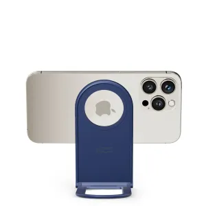 Twelve South Curve Nano hopfällbart telefonställ i kustblått som håller en smartphone i liggande läge.