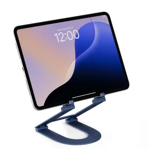 Twelve South Curve Mini mėlynas sulankstomas planšetės stovas, laikantis iPad gulsčioje padėtyje baltame fone