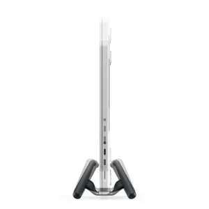 Twelve South BookArc Flex vertical laptop stand holding a slim silver laptop on a white background
