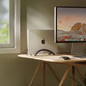 Twelve South BookArc Flex vertical laptop stand holding a silver MacBook upright on a wooden desk