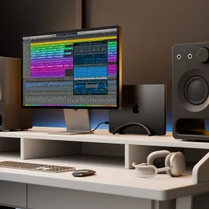 Twelve South BookArc Flex vertical laptop stand holding a MacBook beside a desktop monitor on a clean desk
