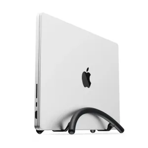 Twelve South BookArc Flex vertical laptop stand holding a silver MacBook upright in matte black