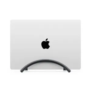 Twelve South BookArc Flex vertical laptop stand holding a silver MacBook upright on a white background