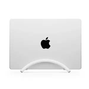 Twelve South BookArc Flex vertical laptop stand holding a silver MacBook upright in a white curved stand