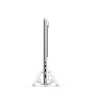 Twelve South BookArc Flex vertical laptop stand holding a silver MacBook upright on a white base