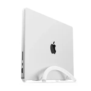 Twelve South BookArc Flex white vertical laptop stand holding a MacBook upright to save desk space