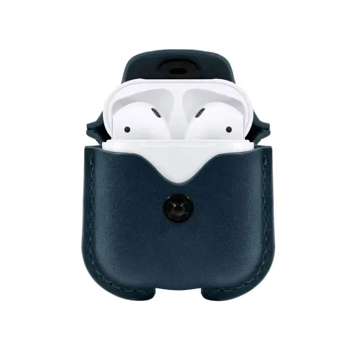 Twelve South AirSnap AirPods-fodral i läder med öppen ovansida, tryckknäppning och AirPods inuti