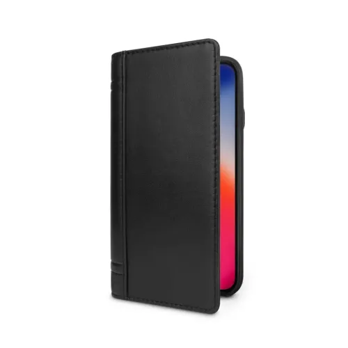 Black leather case for iPhone XR with book-style front, visible screen edge and stitching, partially open from the right, light in profile.