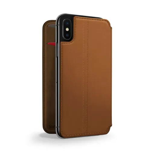 Twelve South SurfacePad cognac leather folio case for iPhone XR with card slot and stitched cover